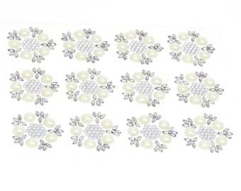 12 x Self Adhesive Round Flower Pearl and AB Diamante Embellishment Stick on Gems