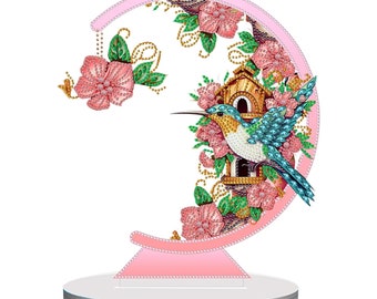 5D DIY Colourful Pink Bird with Hanging Birdbox Diamond Art Kit Crystal Embroidery Rhinestone 29cm x 25cm Acrylic Table Top Decoration