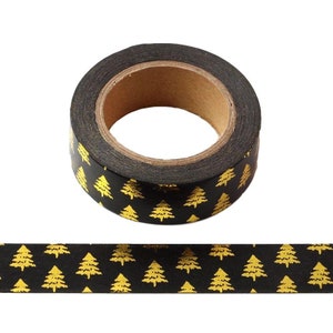 Nastro adesivo decorativo Washi Tape con motivo a forma di albero di Natale in lamina d'oro e nero, da attaccare su rifiniture, 15 mm x 10 metri, ecologico, Bullet Journal
