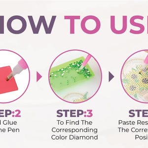 May include: Five steps to complete a diamond painting project. Step 1: Tear protective film. Step 2: Add glue to the pen. Step 3: Find the corresponding color diamond. Step 4: Paste resin drill to the corresponding position. Step 5: Finished.