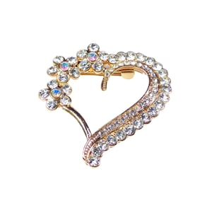Gold Love Heart Brooch Pin with Small Flowers Grade A Diamante Rhinestones