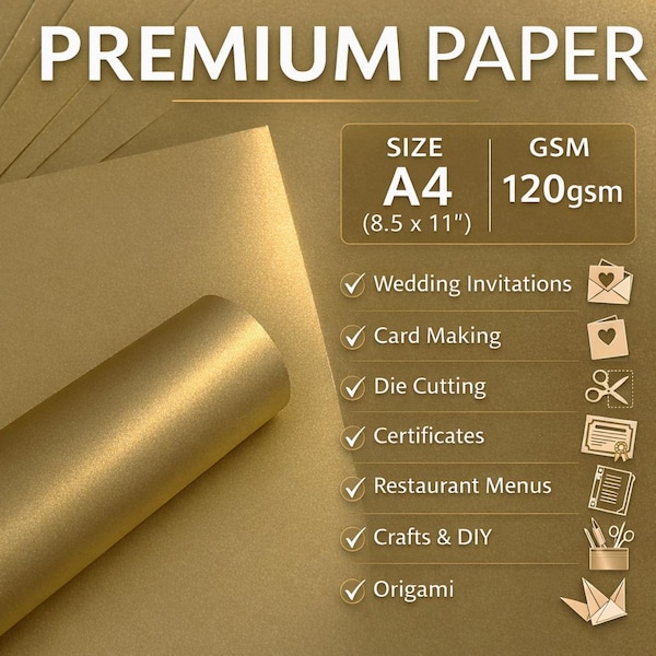 Gold Shimmer Paper A4 | Pearlescent Card Making Paper | Printable Inkjet & Laser | Wedding Invitation Paper