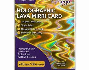 May include: A package of Syntego Premium Holographic Lava Mirri Card in A4 size, measuring 210 x 297 mm or 8.27 x 11.69 inches. The packaging features a purple and gold color scheme with a wavy, iridescent holographic pattern and text.