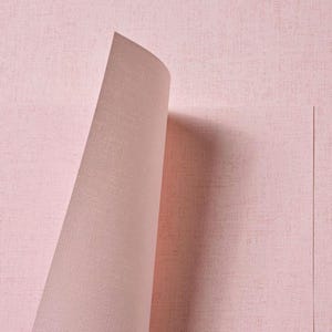 May include: A roll of light pink wallpaper featuring a subtle, woven fabric-like texture. The material is shown partially unrolled, revealing a smooth, consistent surface with a matte finish and a fine, cross-hatched pattern across the paper.