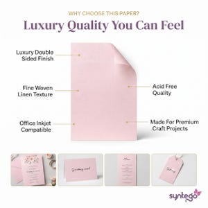 May include: A sheet of light pink paper with a fine woven linen texture and a double-sided finish. Text labels highlight features including luxury double-sided finish, fine woven linen texture, acid-free quality, and office inkjet compatibility.