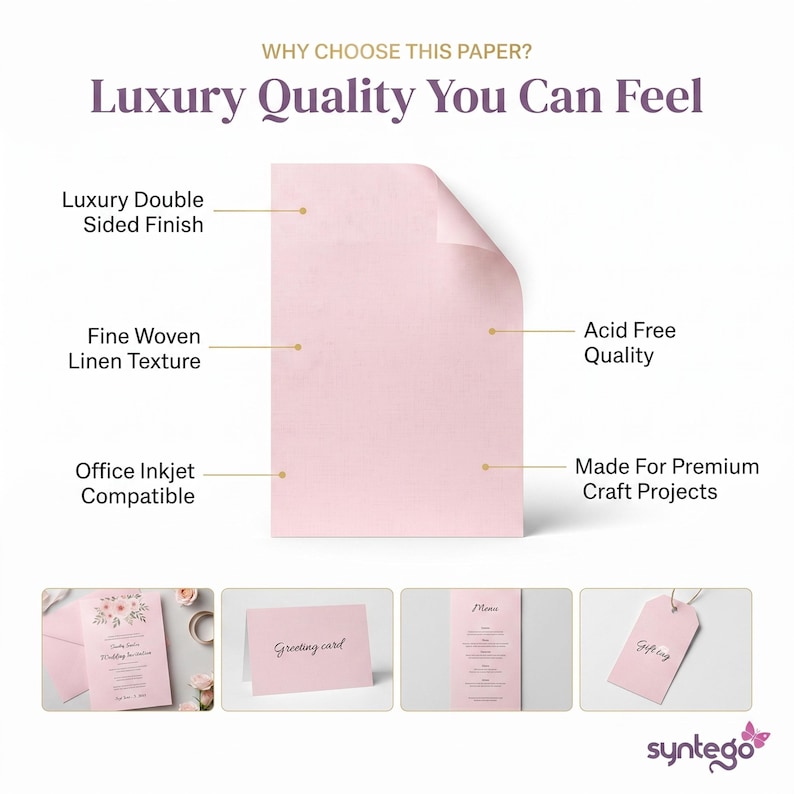 May include: A sheet of light pink paper with a fine woven linen texture and a double-sided finish. Text labels highlight features including luxury double-sided finish, fine woven linen texture, acid-free quality, and office inkjet compatibility.