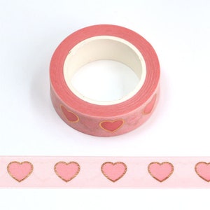 Nastro washi rosa con lamina oro rosa, cuoricini, 15 mm x 10 metri, ecologico, bullet journal
