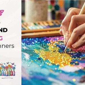 May include: A close-up of a hand using a tool to place colourful diamond-shaped beads on a canvas. The canvas is a colourful abstract design. The text on the image reads "5D DIY Diamond Art Painting For Adults & Beginners".