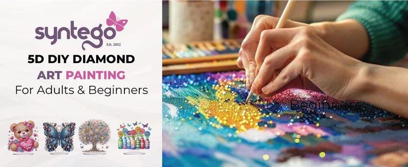 May include: A close-up of a hand using a tool to place colourful diamond-shaped beads on a canvas. The canvas is a colourful abstract design. The text on the image reads "5D DIY Diamond Art Painting For Adults & Beginners".