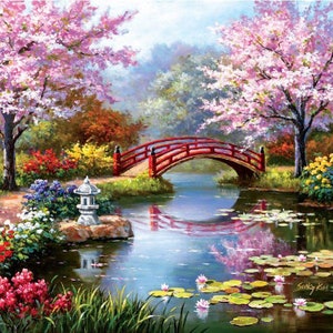 Syntego DIY Malen nach Zahlen für Erwachsene, Kirschblüten Brücke Leinwand Gemälde Kit mit Pinseln ca 50 x 40 cm.