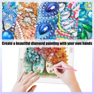 May include: A diamond painting kit with close-up examples of finished artwork. The image shows a person's hands working on a tree design with a pink stylus. The text reads, "Create a beautiful diamond painting with your own hands."