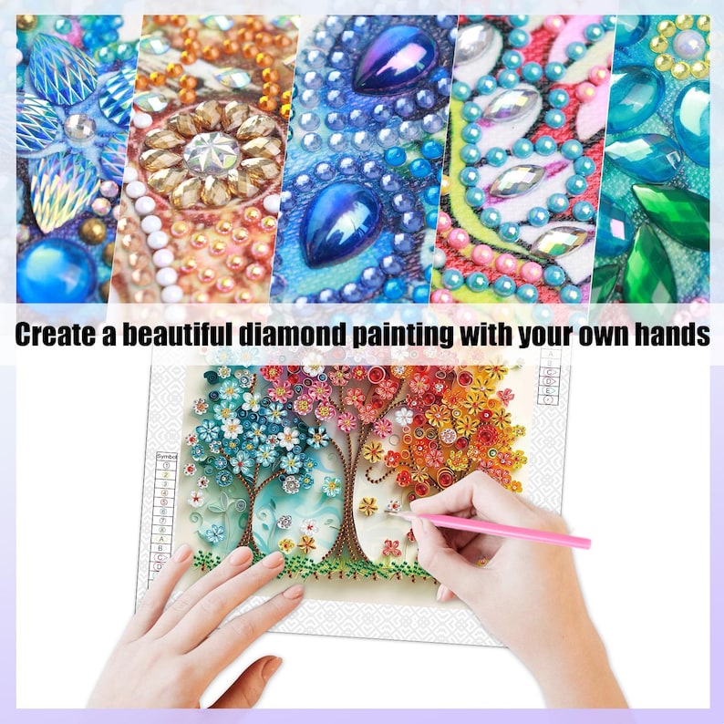 May include: A diamond painting kit with close-up examples of finished artwork. The image shows a person's hands working on a tree design with a pink stylus. The text reads, "Create a beautiful diamond painting with your own hands."