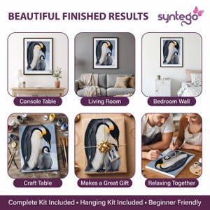 May include: A paint-by-numbers kit featuring a penguin and chick illustration, shown in six settings: on a console table, in a living room, on a bedroom wall, on a craft table, wrapped as a gift, and being painted by two people.