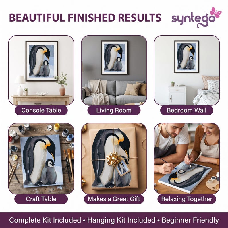 May include: A paint-by-numbers kit featuring a penguin and chick illustration, shown in six settings: on a console table, in a living room, on a bedroom wall, on a craft table, wrapped as a gift, and being painted by two people.