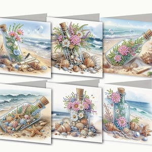 6pcs DIY Message in a Bottle Beach Scene Diamond Painting Greeting Card Kit