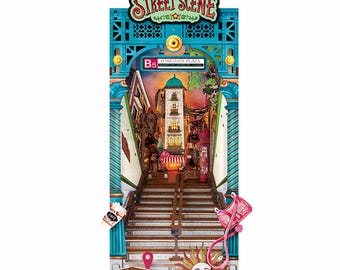 Street Scene DIY Book Nook Kit - Pre-Coloured Miniature Bookshelf Insert Diorama with Lights | Handcrafted Book Nook