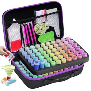 May include: A purple carrying case with a variety of colourful beads in small containers. The case has a handle and a zipper closure. The case is open and the beads are visible.