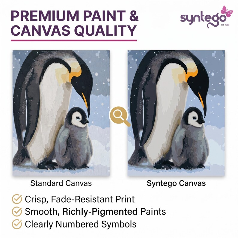 May include: A comparison graphic showing a standard canvas and a Syntego canvas, both featuring an illustration of an adult penguin and a chick. Text includes PREMIUM PAINT & CANVAS QUALITY, Standard Canvas, Syntego Canvas, and feature lists.