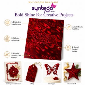 May include: A sheet of red metallic cardstock with a lava pattern, labeled 240gsm and 88lb cover. The image displays the cardstock used for a greeting card, a gift tag, a butterfly cake topper, and a star-shaped decorative craft item.