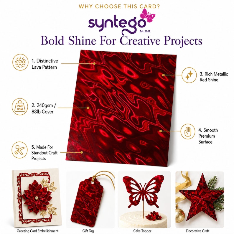 May include: A sheet of red metallic cardstock with a lava pattern, labeled 240gsm and 88lb cover. The image displays the cardstock used for a greeting card, a gift tag, a butterfly cake topper, and a star-shaped decorative craft item.