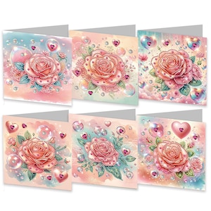 6 peças DIY Kit de cartões de felicitações com pintura de diamantes Rosas e corações deslumbrantes Cartões de felicitações Kit de arte de diamante
