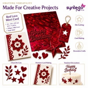 May include: Red Lava Mirri Card sheets and die-cut shapes including stars, hearts, and leaves. The card features a reflective, wavy red pattern. Text includes "Crafting Versatility," "Made For Creative Projects," "Happy Birthday," and product specifications.