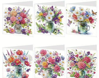 Diamond Painting Card Kit 6pcs Summer Flowers | DIY 5D Diamond Art Greeting Cards | Make Your Own Birthday & Thank You Cards