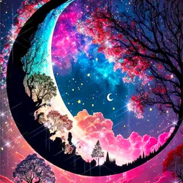 5D DIY Magical Moon, Tree and Clouds Diamond Art Painting for Adults 30cm x 40cm Crystal Embroidery Rhinestone Canvas by Numbers