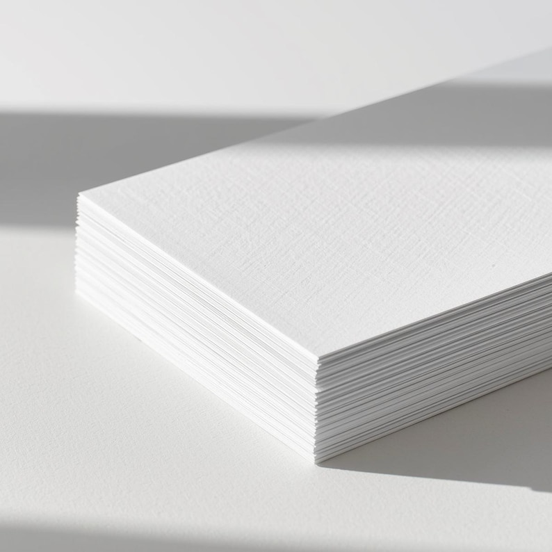 Op de afbeelding: Een stapel rechthoekige witte kaarten met een zichtbare textuurafwerking. De kaarten zijn netjes opgestapeld, waarbij de dikte van het papier en het fijne korrelpatroon op het oppervlak van elk vel wit karton duidelijk zichtbaar zijn.