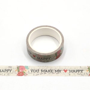 Nastro decorativo Washi con stampa di cuori, fiori e musica, 15 mm x 5 metri, ecologico, Bullet Journal