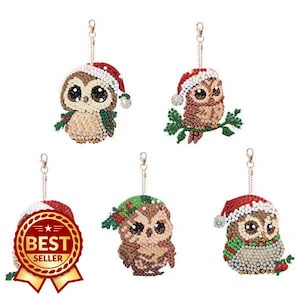 Christmas Owl Diamond Art Painting Keychain Kit (5pcs) | DIY Rhinestone Keyring Pendants | 5D Round Drill Diamond Art Craft