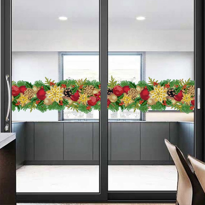 May include: A pair of glass doors with a Christmas-themed window cling featuring red ornaments, gold stars, and green pine branches.