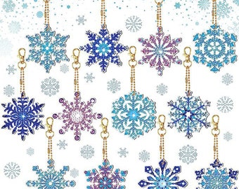 Diamond Painting Keychain Kit 12pcs Snowflakes | 5D DIY Diamond Art Keyrings | Christmas Craft Kit & Stocking Filler Gift