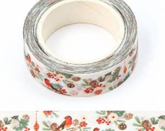Robin and Winter Flower Christmas Washi Tape with White Foil (15mm x 10m)