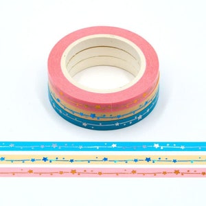 3 rollen roze blauw geel vallende sterren washitape 5 mm goudfolie reliëf Elke rol is 10 meter milieuvriendelijk Bullet Journal