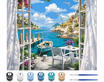 Paint by Numbers for Adults, Boat Dock Landscape Canvas Kit (50 x 40cm)