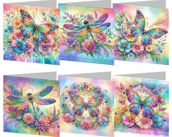Diamond Art Painting Card Kit 6pcs Butterfly & Dragonfly | DIY 5D Diamond Art Greeting Cards | Make Your Own Cards Craft Set