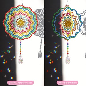 May include: A colorful, multi-layered, round wind spinner with a crystal prism hanging from the bottom. The wind spinner is made of metal and has a snowflake design in the center. The wind spinner is shown in two positions, before and after transformation.