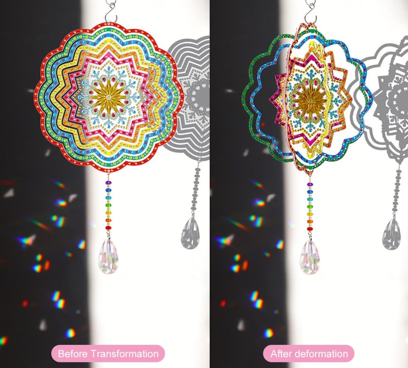 May include: A colorful, multi-layered, round wind spinner with a crystal prism hanging from the bottom. The wind spinner is made of metal and has a snowflake design in the center. The wind spinner is shown in two positions, before and after transformation.