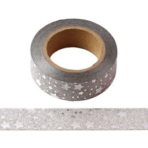 Ruban adhésif adhésif scintillant scintillant argenté Royaume-Uni avec bordure de masquage étoiles feuille d'argent Bullet Journal 15 mm x 10 mètres