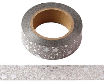 Silver Glitter Sparkle Washi Tape UK with Silver Foil Stars Masking  Trim 15mm x 10 Meters Bullet Journal