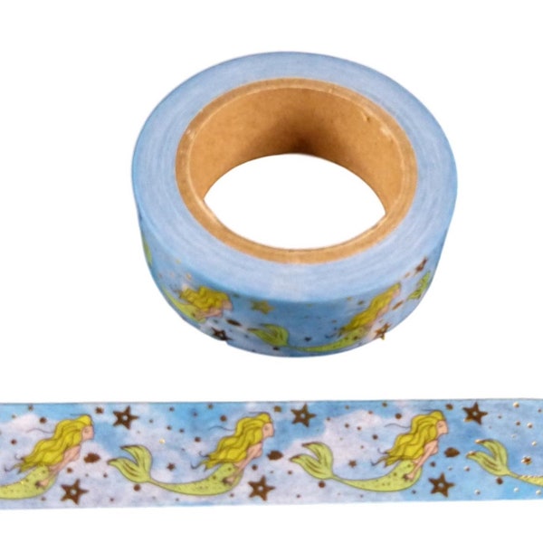 Mermaid in The Sea Washi Tape UK with Gold Foil Embossing Stick On Trim 15mm x 10 Meters Eco Friendly Bullet Journal