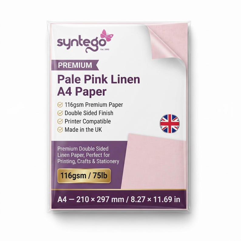 May include: A pack of Syntego premium pale pink linen A4 paper. The packaging displays the text 'Premium Pale Pink Linen A4 Paper', '116gsm / 75lb', and 'A4 - 210 x 297 mm / 8.27 x 11.69 in'. It features a Union Jack icon and a butterfly logo.