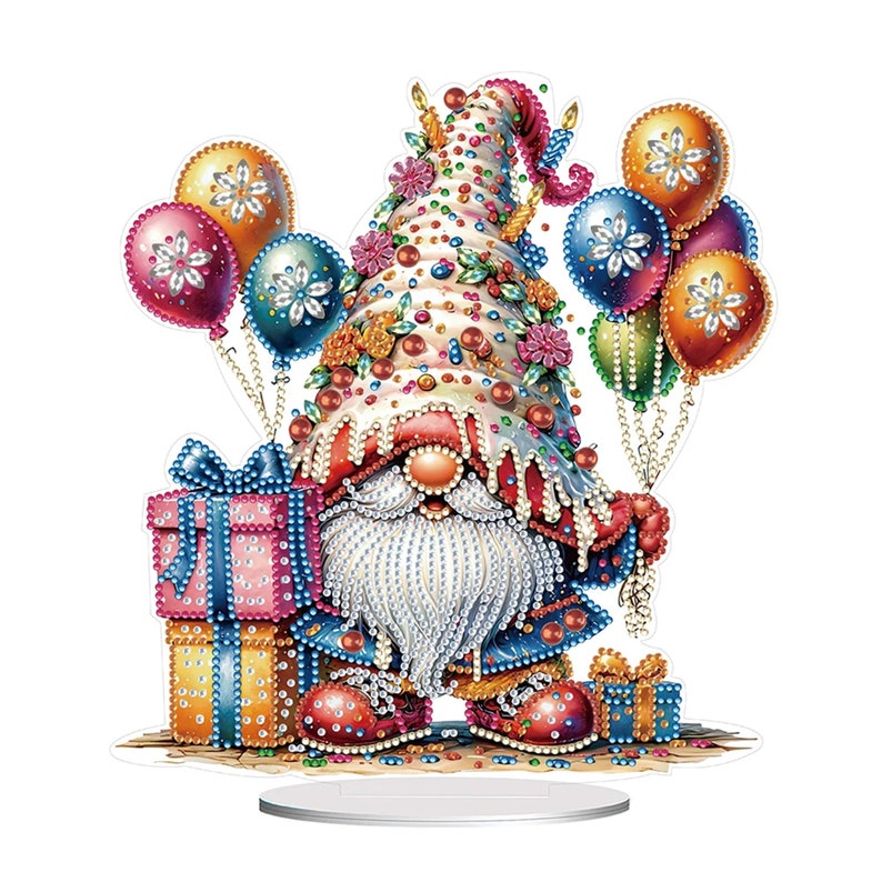 May include: A colorful gnome wearing a birthday hat and holding balloons and presents. The gnome is decorated with rhinestones and beads.