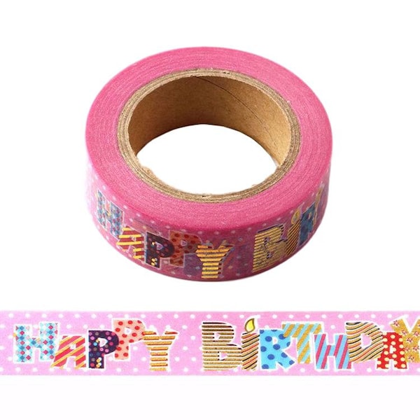 Pink Happy Birthday Washi Tape UK Multi Colour Letters and Gold Foil Embossing 15mm x 10 Meters Eco Friendly Bullet Journal