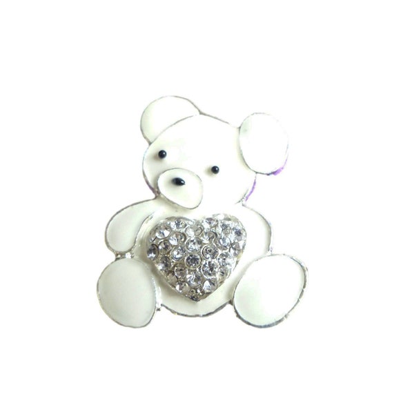 Ours en peluche en émail blanc, embellissement de cœur en cristal avec strass transparents