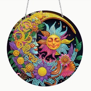 Kit fai da te per pittura a diamante 5D con sole e luna mistici, decorazione rotonda in acrilico con trapano, 19 cm x 19 cm