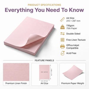 May include: A stack of light pink A4 paper with a fine linen texture. The text reads Product Specifications, Everything You Need To Know, A4 Size 210 x 297 mm, 116gsm 75lb Paper, Double Sided, Fine Linen Texture, Office Inkjet Compatible, and Acid Free.