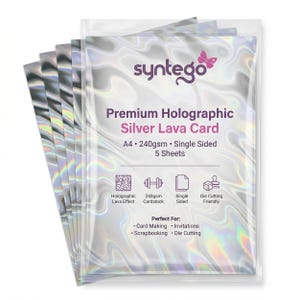 May include: A pack of five sheets of A4 Premium Holographic Silver Lava Card in a clear plastic sleeve. The packaging features the Syntego logo, product name, 240gsm weight, single-sided specification, and icons for lava effect, cardstock, and die cutting.
