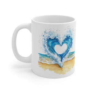 Heart Beach Coffee Mug, Cute Mug for Coffee Lovers, Ocean Theme Tea Cup, Ceramic Drinkware, Unique Gift Idea, Coastal Kitchen Decor